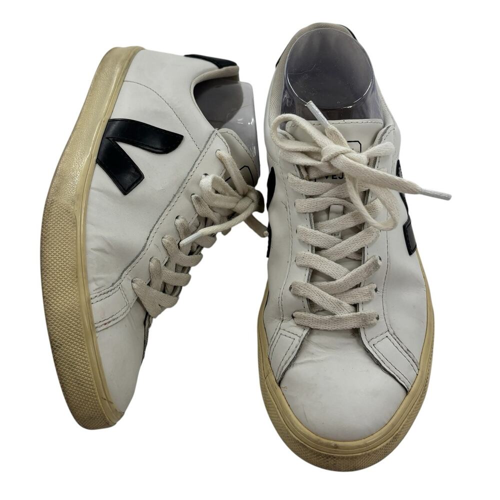VEJA White Leather Low Top Retro Black Logo Sneakers - Picture 7 of 13